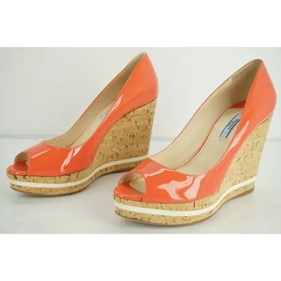Prada Pink Patent Platform Wedge Heel Espadrille Peep Pumps - Picture 5 of 12